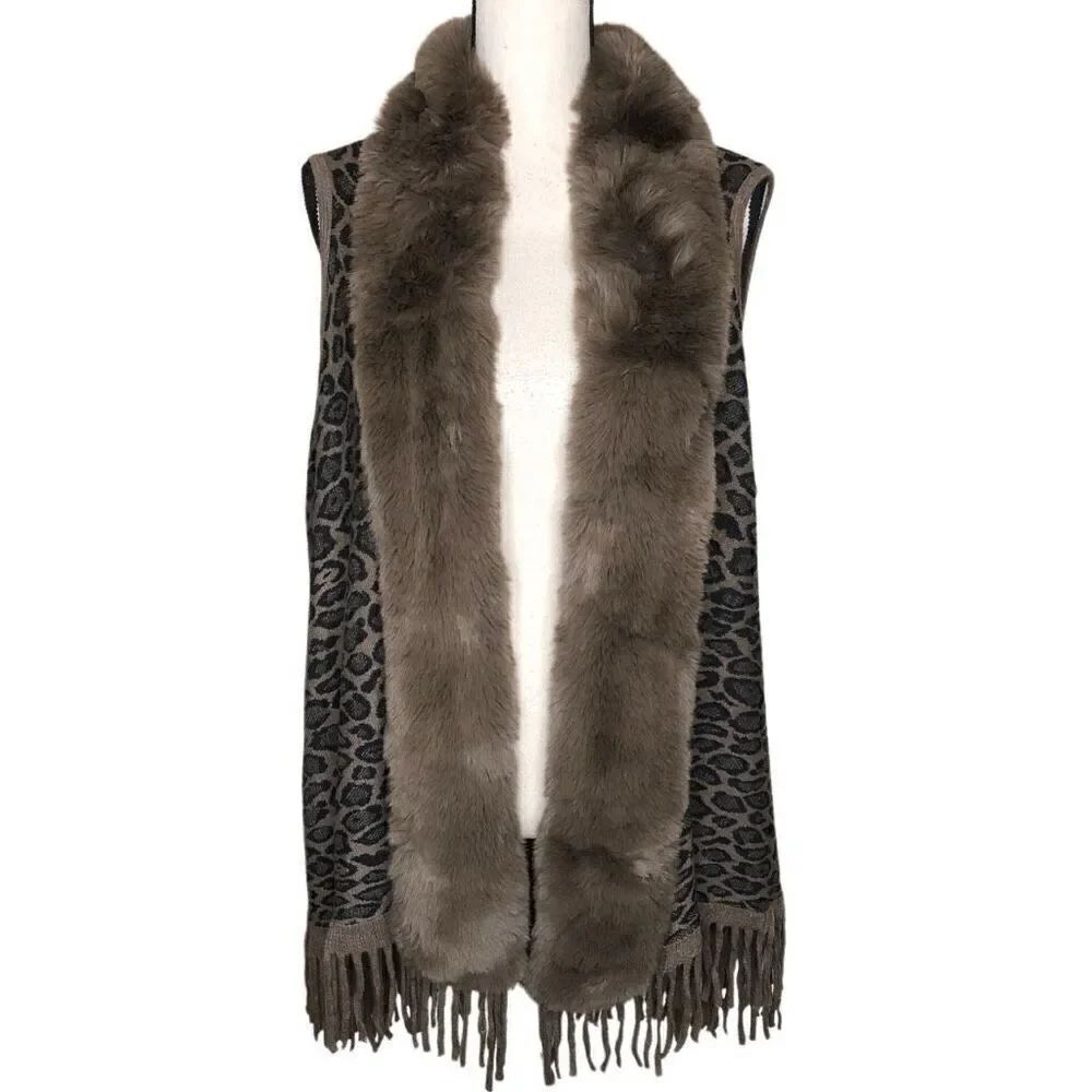 Northern Angel Open, Cheetah, Fur Collar, Fringed, Mob Wife Sweater Vest Sz S/M